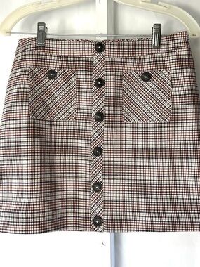Forever 21 Burgundy Cream Faux Button Front  Short Plaid Skirt Women’s Medium